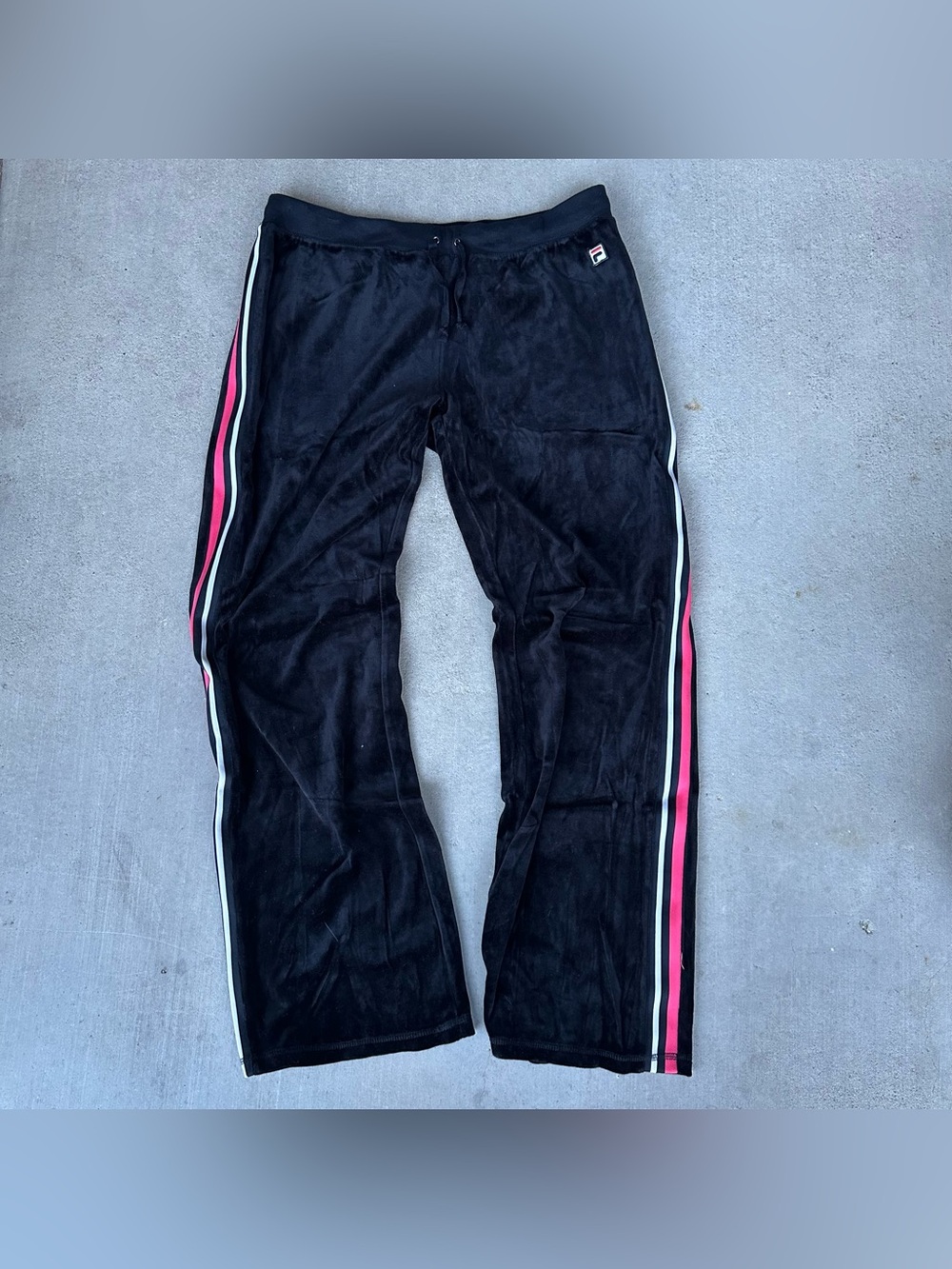 2000s FILA Women’s Track Pants Black Velour Side Stripe Drawstring XL